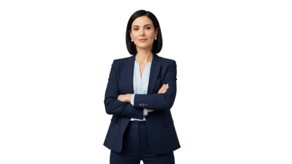 A Confident Businesswoman in a Suit with arms crossed. A poised woman in a navy suit, exuding professionalism and confidence, arms crossed, perfect for business or corporate contexts