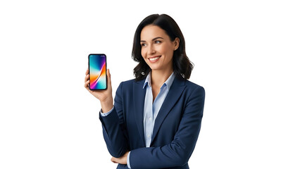 A professional woman showing her phone with a colorful display