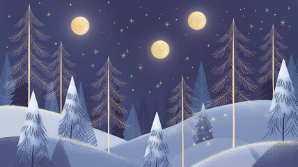 Winter forest landscape with glowing orbs under a dark starry night sky