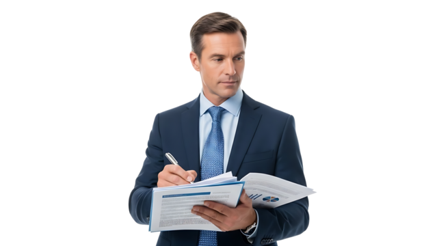 A businessman in a suit reviewing documents and taking notes. The man is focused, working in an office setting. - Powered by Adobe