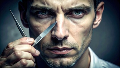Close Up Portrait Of Man In Pain Holding Knife To Face With Wide Eyes And Visible Wound Intense Emotion Dramatic Lighting Intense Gaze Dark Background Sharp Focus On Facial Features Male Expression