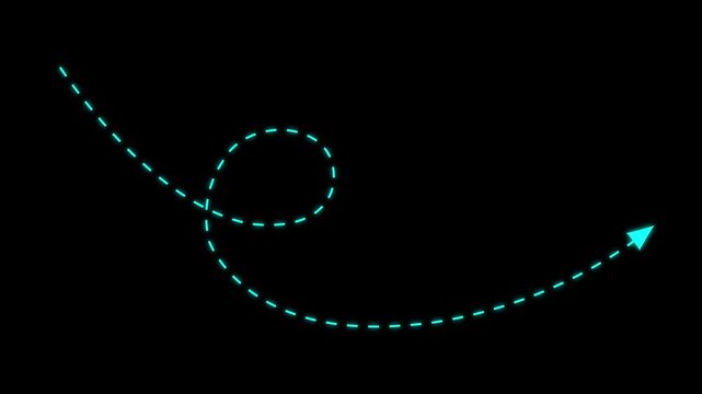 4k Long dotted line arrow animation to indicate an object. arrow animation following wavy dotted line. target arrow icon on black background.
