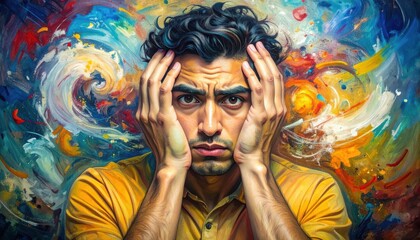 Distressed Man Grimacing Hands on Head Vibrant Abstract Background Emotional Portrait