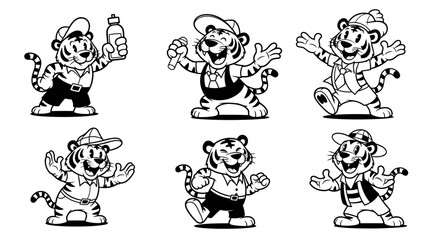 Obraz premium Cute Cartoon Tiger Characters Set Wearing Different Outfits.