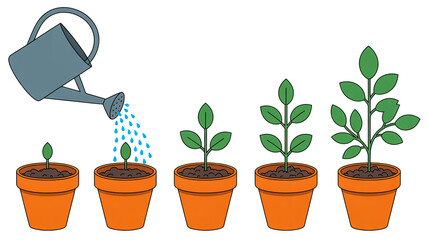 A simple illustration showing the growth stages of a plant in orange clay pots.