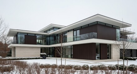 Modern Home Exterior with Snow-Covered Landscape on a Winter Day