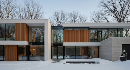 Modern Home Exterior With Snow And Architectural Wood Accents