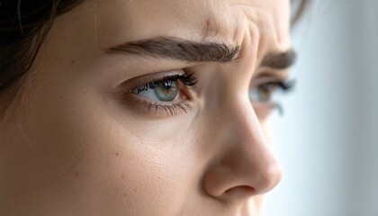 Extreme Close Up Of A Woman's Face Showing Intense Pain And Shock With Eyes Wide Open And A Visible Wound And Dark Mascara Streaks Under Eyes Against A Softly Blurred Light Background