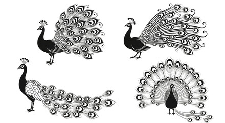 Elegant Black And White Peacock Illustrations Set For Luxury Design Wedding Invitations And Print