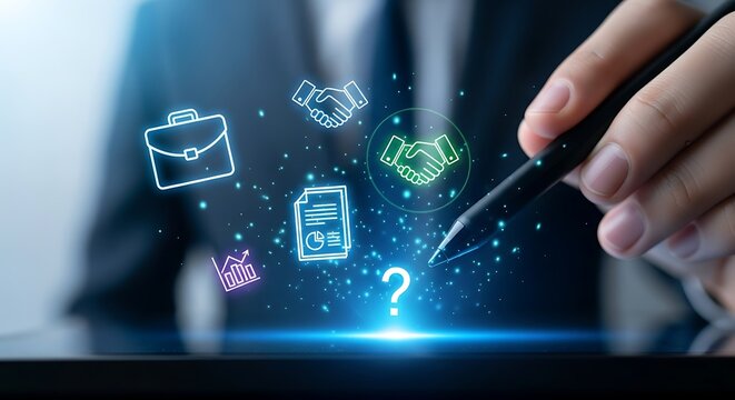 A businessman interacts with a digital display showcasing business icons like handshakes briefcases and documents - Powered by Adobe