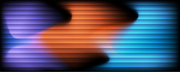 Dynamic abstract pattern featuring horizontal lines and a gradient of purple, orange, and blue hues.