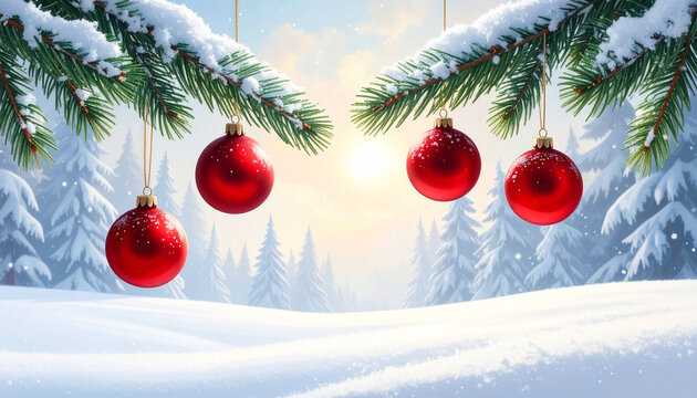 Christmas ornament red bauble snow covered branch winter landscape pine tree holiday decoration snowy forest festive season sunlight cold weather - Powered by Adobe