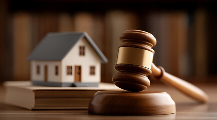 A close-up of a gavel beside a miniature house, symbolizing property law and real estate judgment in a legal context.