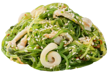 chuka seaweed salad with seafood and sesame seeds on a white plate