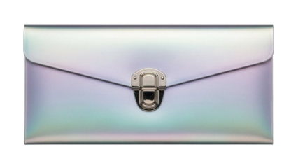 Iridescent clutch bag isolated PNG, holographic envelope purse with metal clasp on transparent background, fashion accessory for party or special occasion