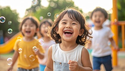 Children Running in Playground During Golden Hour Surrounded by Soap Bubbles and Sunlit Trees