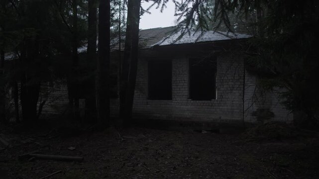 Haunted Forgotten Residence, Derelict Dwelling Nestled Within Dense Overgrown Woodland Area, Abandoned And Forgotten House Enveloped By Thick Wilderness And Quiet Surrounding Woods