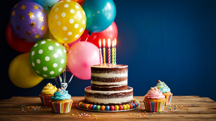 A vibrant birthday celebration scene with a multi-layered cake and cupcakes arranged on a wooden table