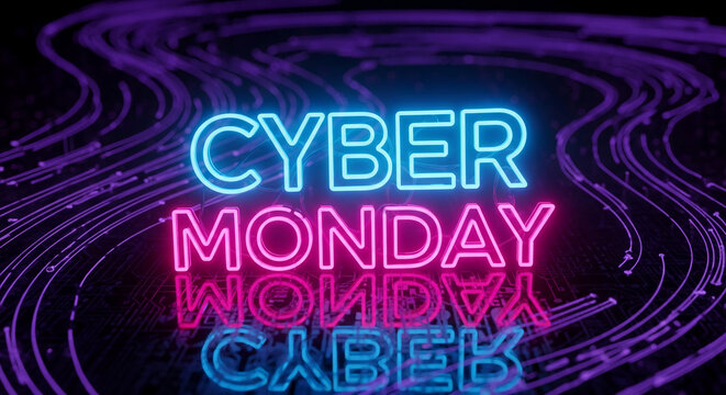 Neon text "Cyber Monday" in blue and pink, reflected on a dark surface with purple flowing lines, representing technology, shopping, and seasonal sales - Powered by Adobe