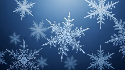 Elegant crystal snowflakes falling gently on blue background for winter