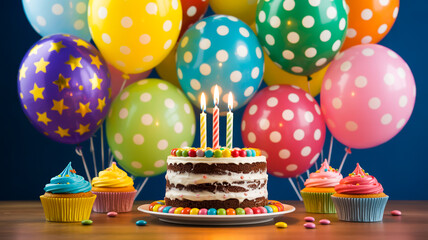 A vibrant birthday celebration scene with a multi-layered cake and cupcakes arranged on a wooden table