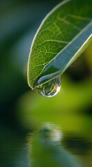 A close-up of a leaf with a water droplet capturing the beauty of nature's delicate details in a serene environment.