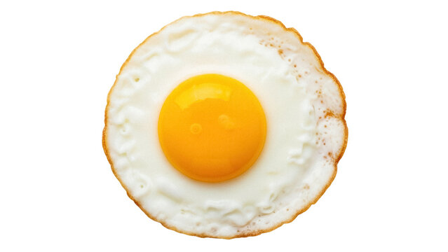 Fried egg isolated PNG on transparent background, sunny-side up breakfast food with golden yolk and crispy edges, delicious and nutritious meal