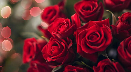 Fototapeta premium A close-up of vibrant red roses, symbolizing love and beauty, with a soft, blurred background of warm bokeh lights.