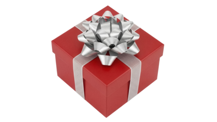 Red gift box with silver ribbon and bow isolated PNG, present for Christmas or birthday on transparent background