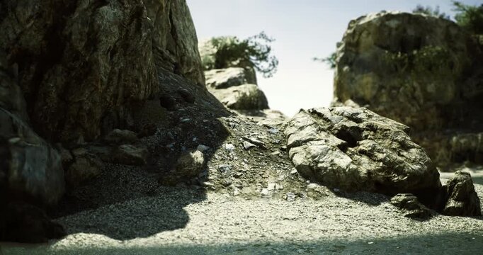 A serene depiction of a rocky beach surrounded by large boulders and patches of green foliage. The bright sky adds to the tranquil atmosphere, inviting exploration.