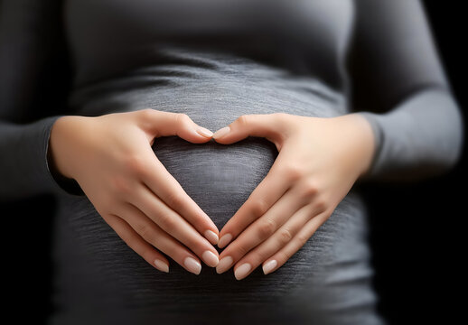 A close-up of hands forming a heart shape over a pregnant belly, symbolizing love and anticipation for new life.