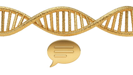 Golden DNA double helix with speech bubble isolated PNG, genetic research and communication concept...