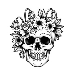 Fototapeta premium Skull adorned with a beautiful crown of blooming flowers and leaves.