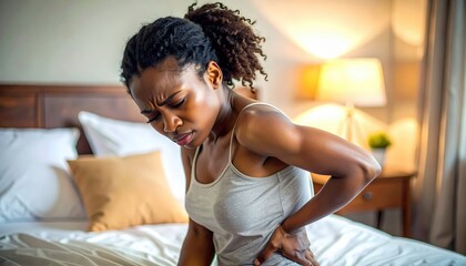 Woman In Pain Clutching Her Back Sitting On A Bed With Soft Indoor Lighting And A Blurred Background