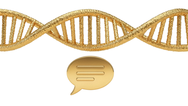 Golden DNA double helix with speech bubble isolated PNG, genetic research and communication concept on transparent background - Powered by Adobe