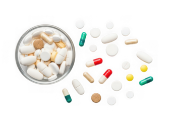 A variety of pills and capsules scattered on a transparent background, some in a glass bowl, representing medication and healthcare isolated on transparent background