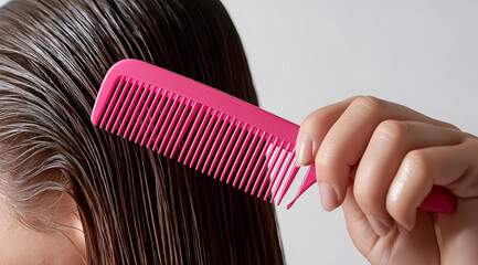 A close-up of a person combing wet hair with a pink comb, showcasing hair care and grooming routines.