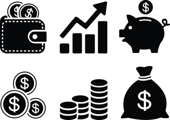 Black Finance and Money Icon Set with Wallet, Coins, Piggy Bank and Growth Chart