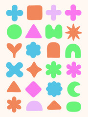 Colorful collection of vector icon stickers, including heart, star, and flower elements, for web design illustration