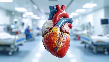 Anatomical Human Heart With Visible Veins And Arteries In A Hospital Setting With Beds And Medical Equipment In The Blurred Background