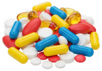 A pile of colorful pharmaceutical pills and capsules, including red, blue, and yellow capsules, white tablets, and yellow gel capsules, isolated on transparent background
