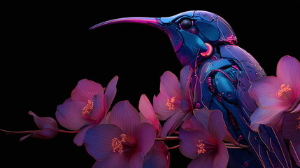 Naklejka premium A robotic hummingbird perching on a flower branch, against a dark background, in a digital painting. The image is an intricate illustration that blends technology with nature
