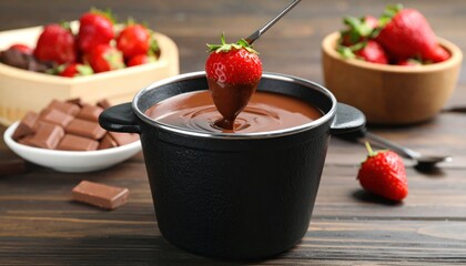 Chocolate Fondue with Strawberries Dessert on Wood Table.