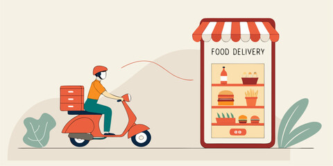Fast food delivery rider zips by on scooter after mobile order placed through online application interface