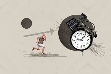 Collage of cheerful business person standing on clock symbolizing business growth timing progress visualization