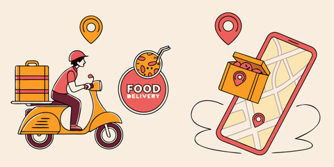 Dynamic courier quickly transports hot takeout food order across city using scooter and mobile tracking app