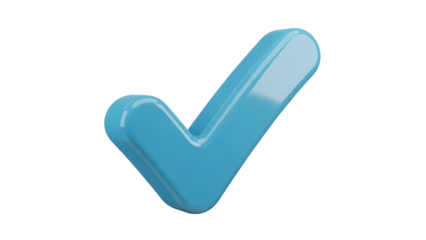 Glossy blue check mark PNG isolated on transparent background, approval and validation symbol for graphic design projects
