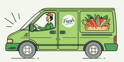 Cheerful delivery driver hustles fresh produce across town in vibrant green grocery transport van