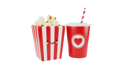 Cute popcorn box and soda cup PNG isolated on transparent background, cartoon style snack and drink for kids party or movie night