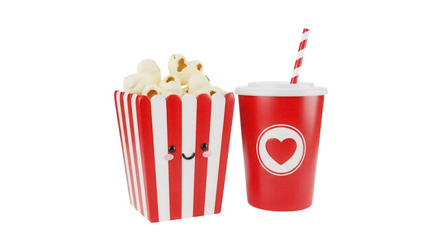 Cute popcorn box and soda cup PNG isolated on transparent background, cartoon style snack and drink for kids party or movie night